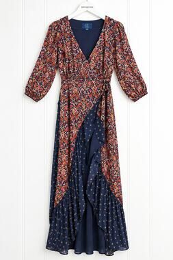 Biltmore Wrap Dress Women XS Navy Pink Floral Ruffle Hem Long Sleeve Maxi